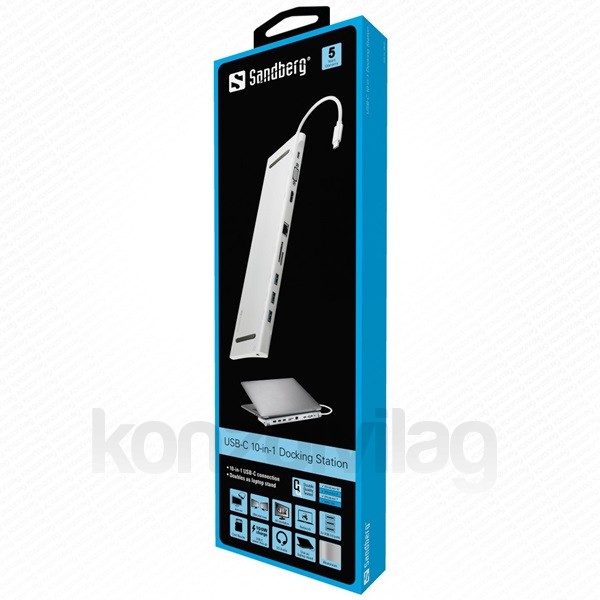 ODDNB-DVDRW Sandberg Notebook Dokkoló - USB-C 10-in-1 Docking Station (USB-C, HDMI/VGA, 3x USB3.0, 1x RJ-45, Audio, kárt PC